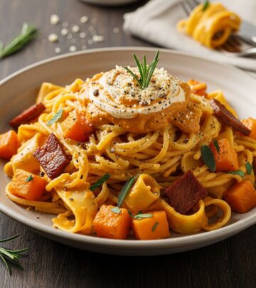 Indulge in a dairy-free twist on classic carbonara using roasted butternut squash for a velvety sauce that's perfect for cozy fall dinners.